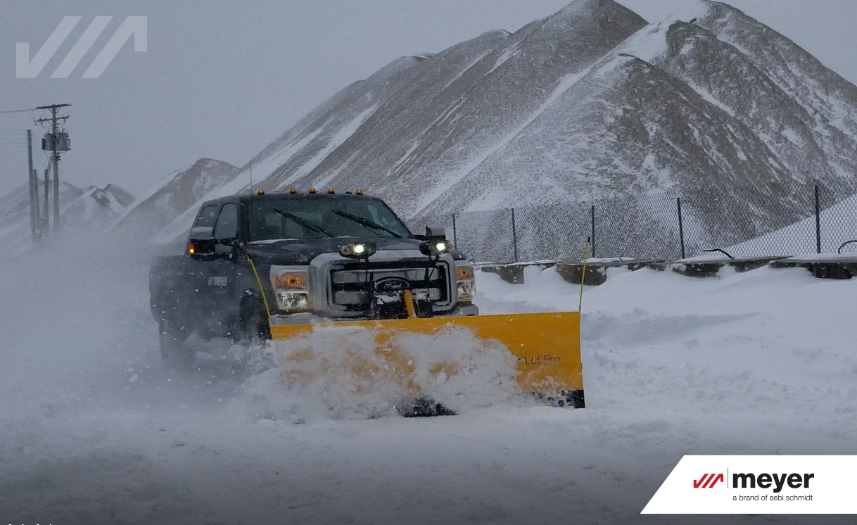 Meyer Lot Pro snow plow with new SOS system on truck in snow